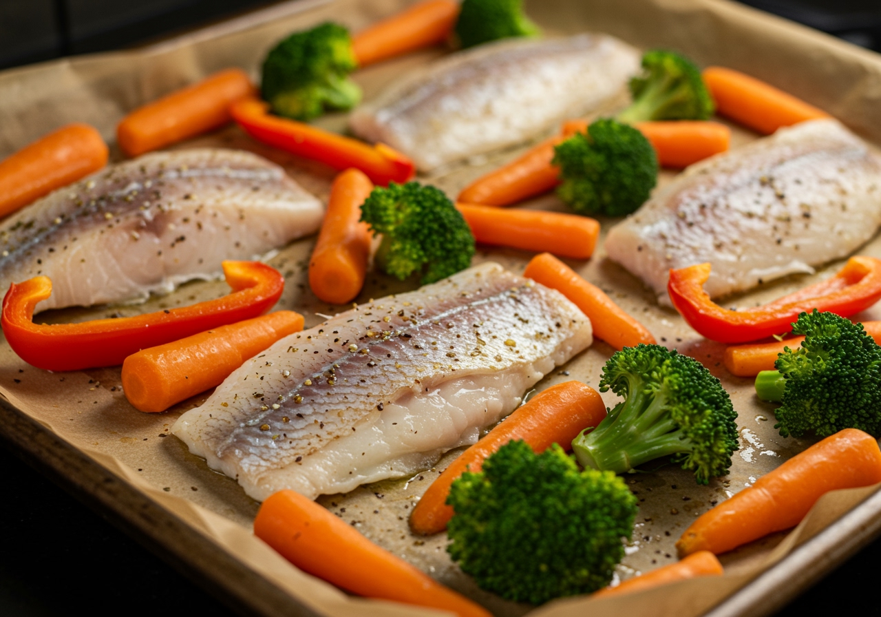 Close-up of colorful vegetables and fish seasoned and arranged neatly on a single sheet pan lined with parchment paper.