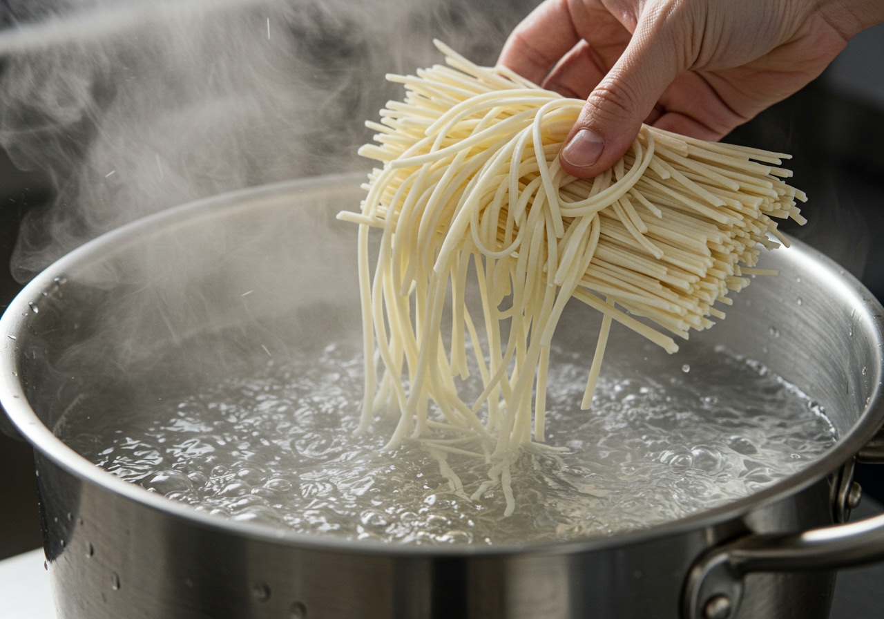 Close-up of dried somen noodles being added to a large pot of vigorously boiling water.