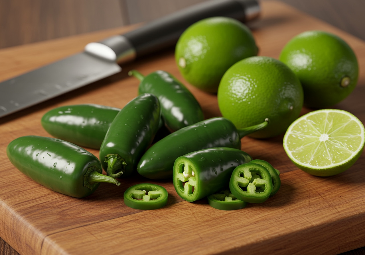 Close-up of fresh green jalapeños and bright green limes on a wooden cutting board, with a knife.