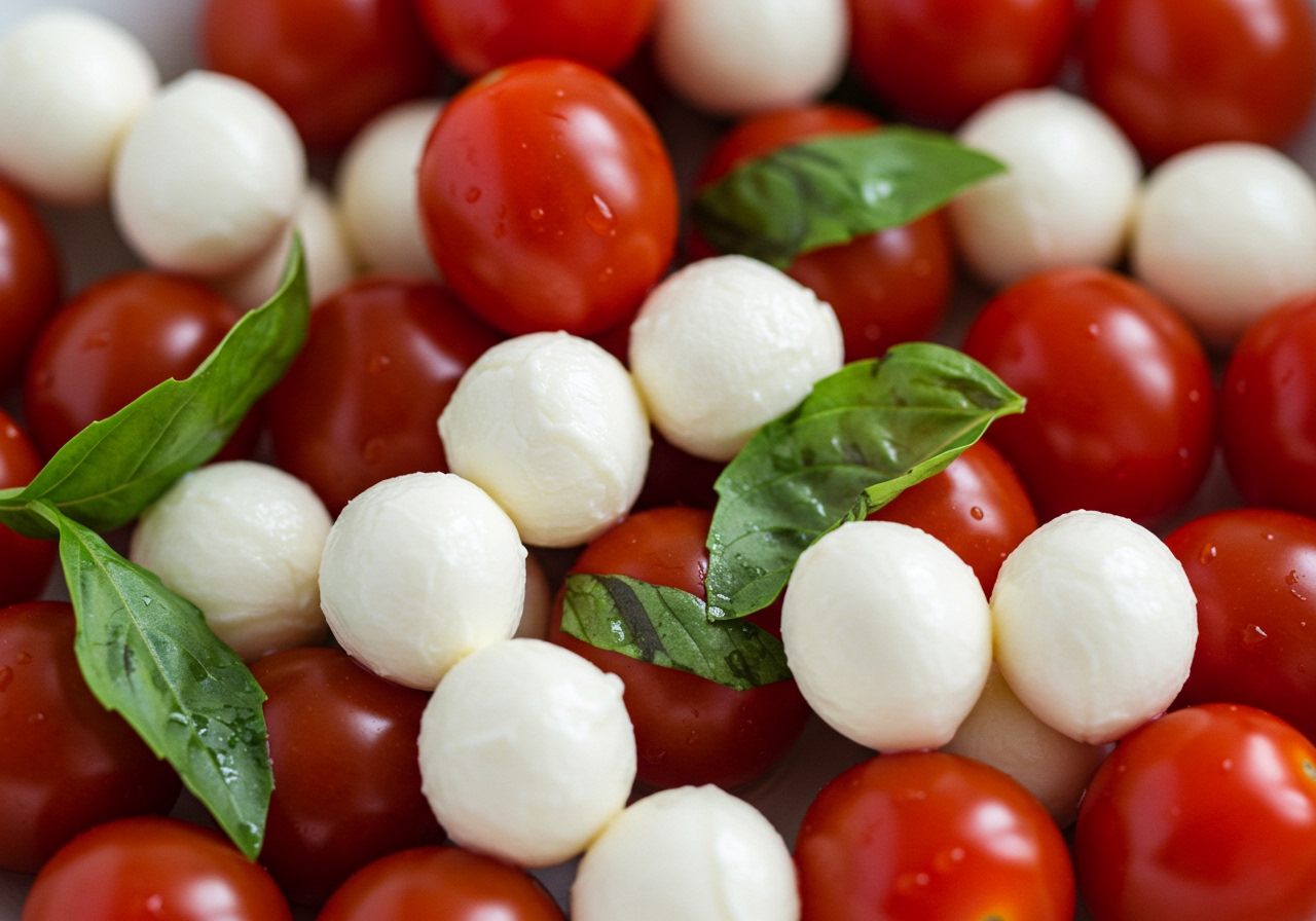 Close-up of fresh ingredients for the salad: mini mozzarella balls, cherry tomatoes, and fresh basil leaves.