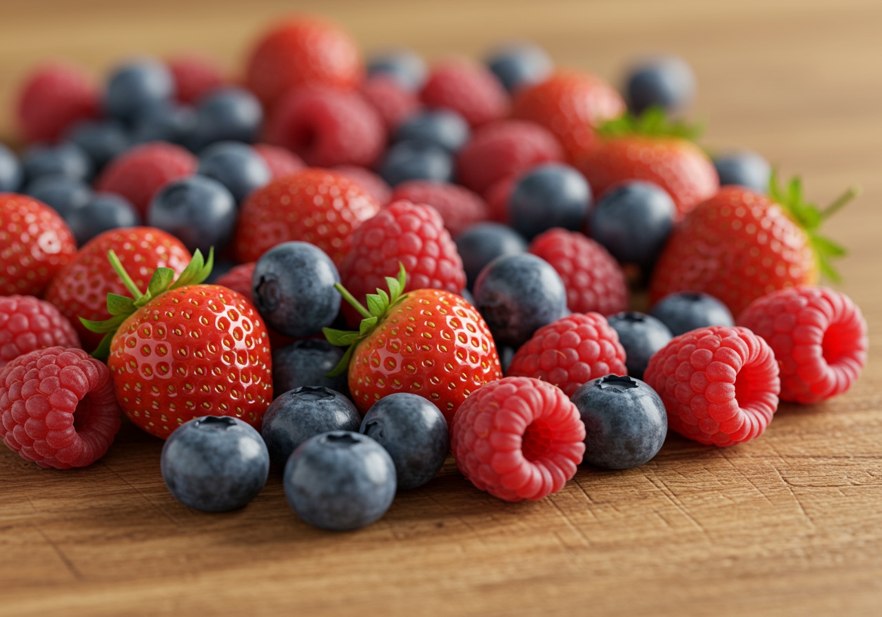 Close-up of fresh mixed berries (strawberries, blueberries, raspberries) being prepared for a fruit galette filling.