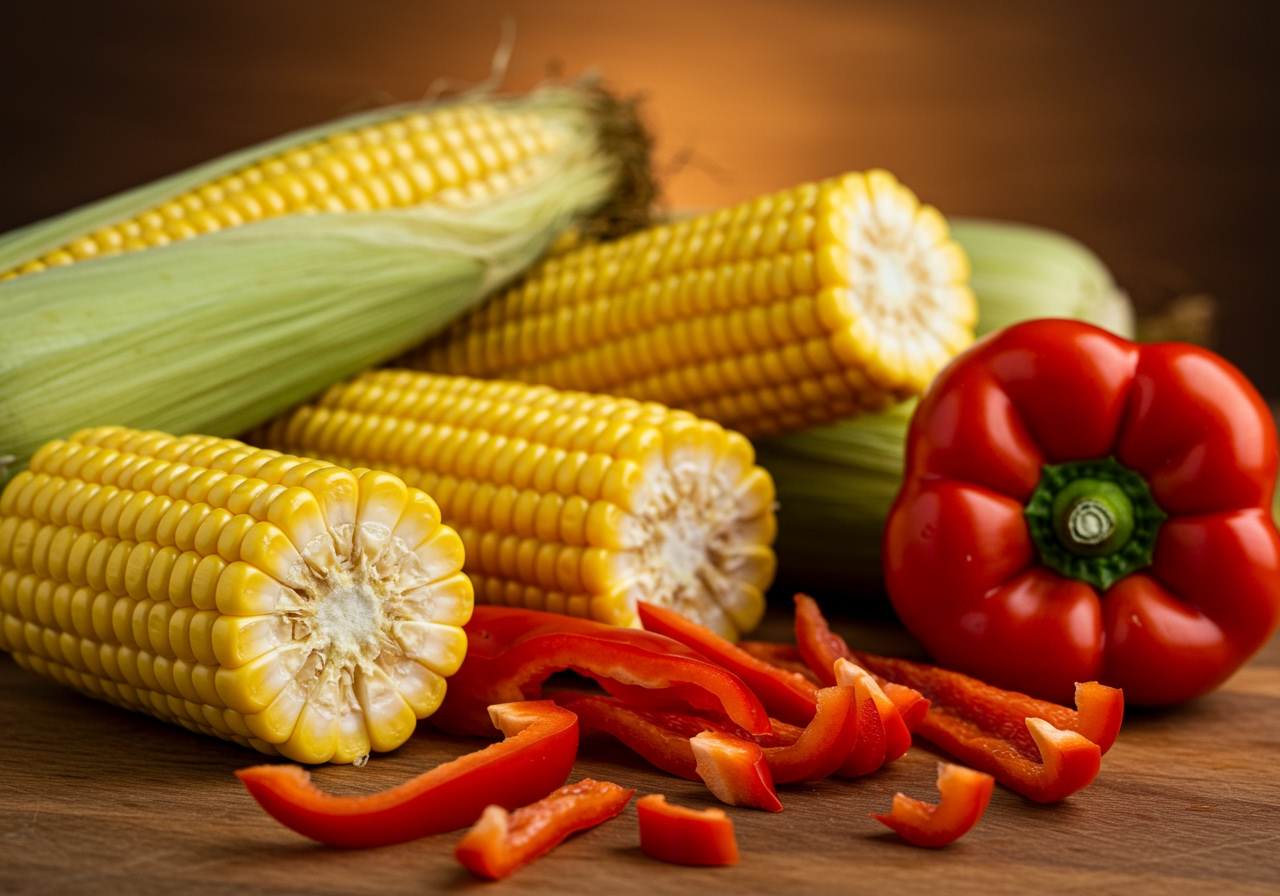 Close-up of fresh, raw corn cobs and bright red bell peppers, with some already sliced and ready for roasting.