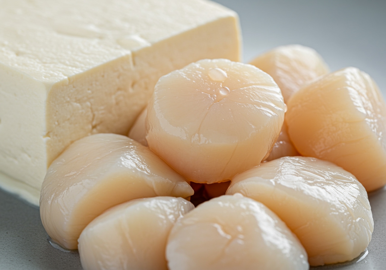Close-up of fresh raw scallops and a block of silken tofu.