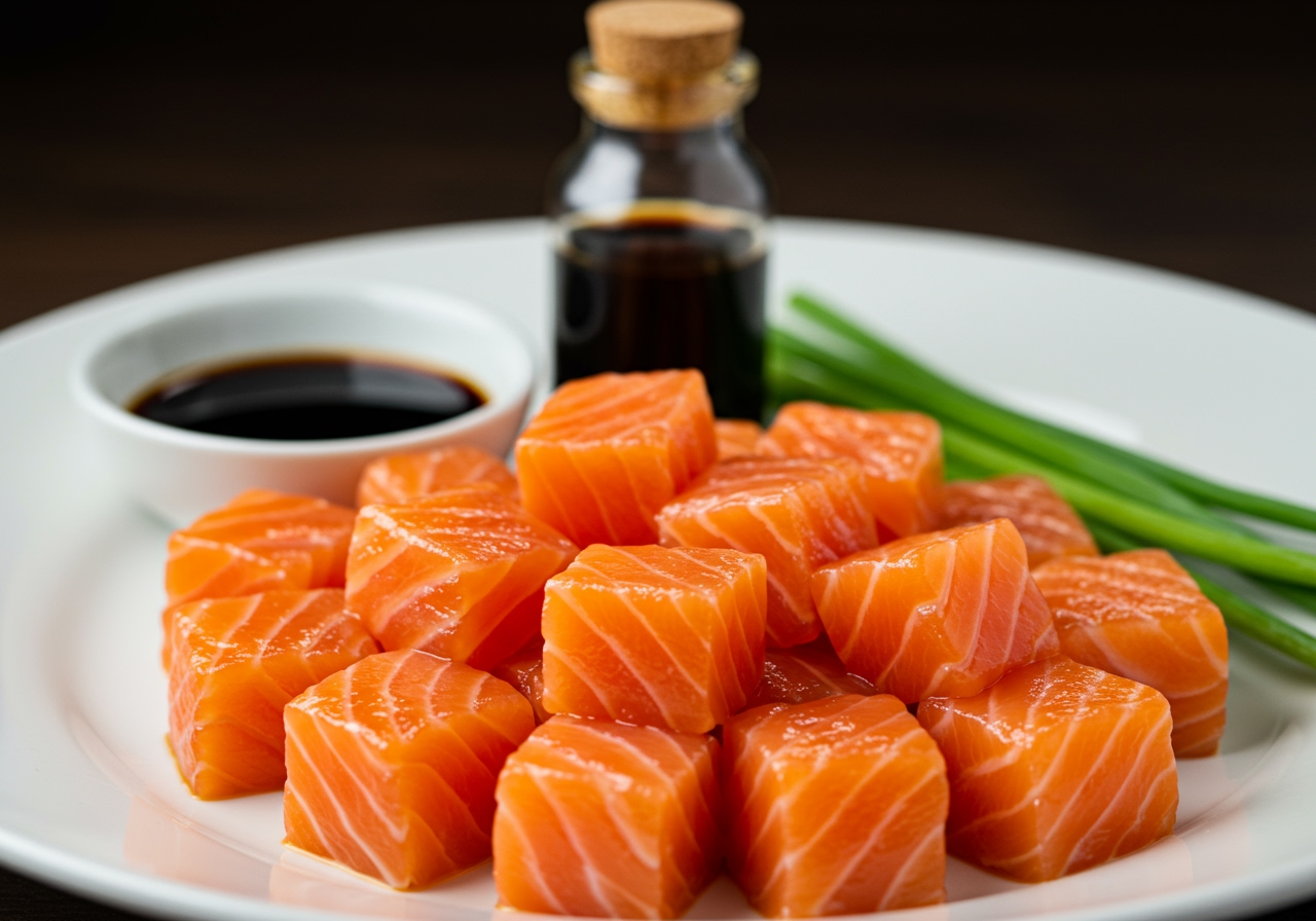 Close-up of fresh sashimi-grade salmon cubes and various Japanese seasonings like soy sauce, sesame oil, and green onions.