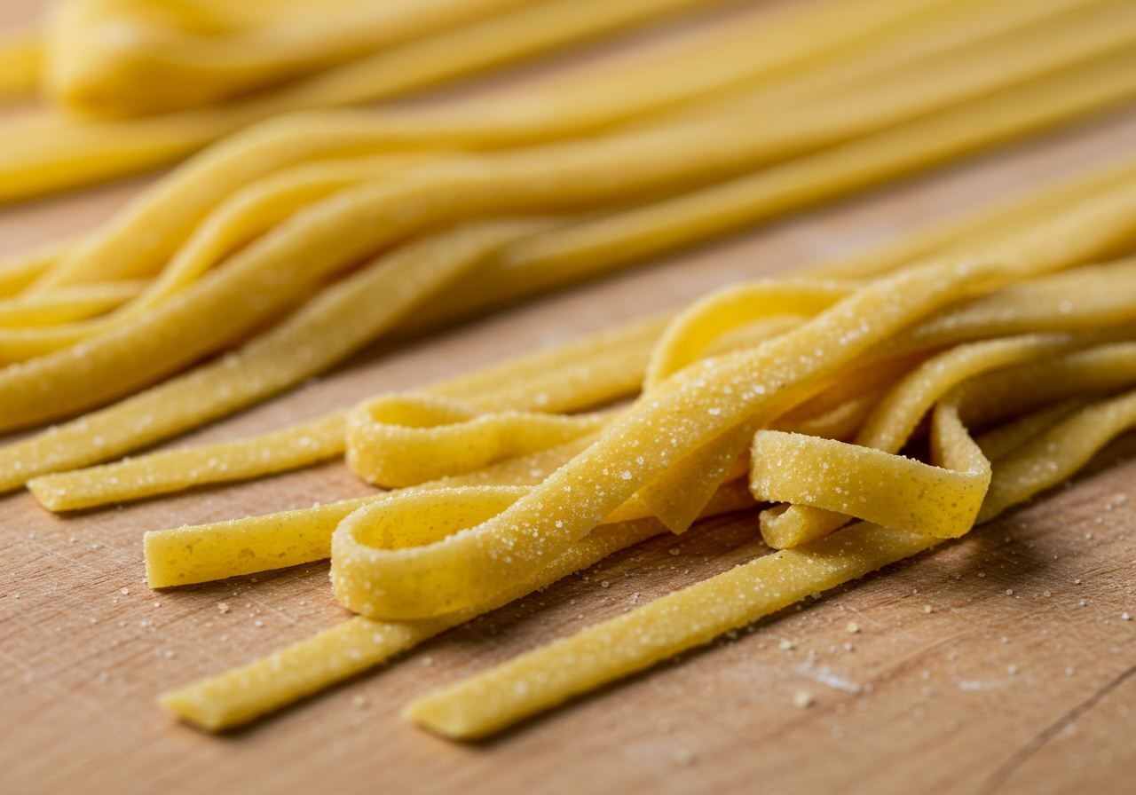 Close-up of freshly cut homemade fettuccine made from semolina dough, dusted with flour and drying on a wooden board.