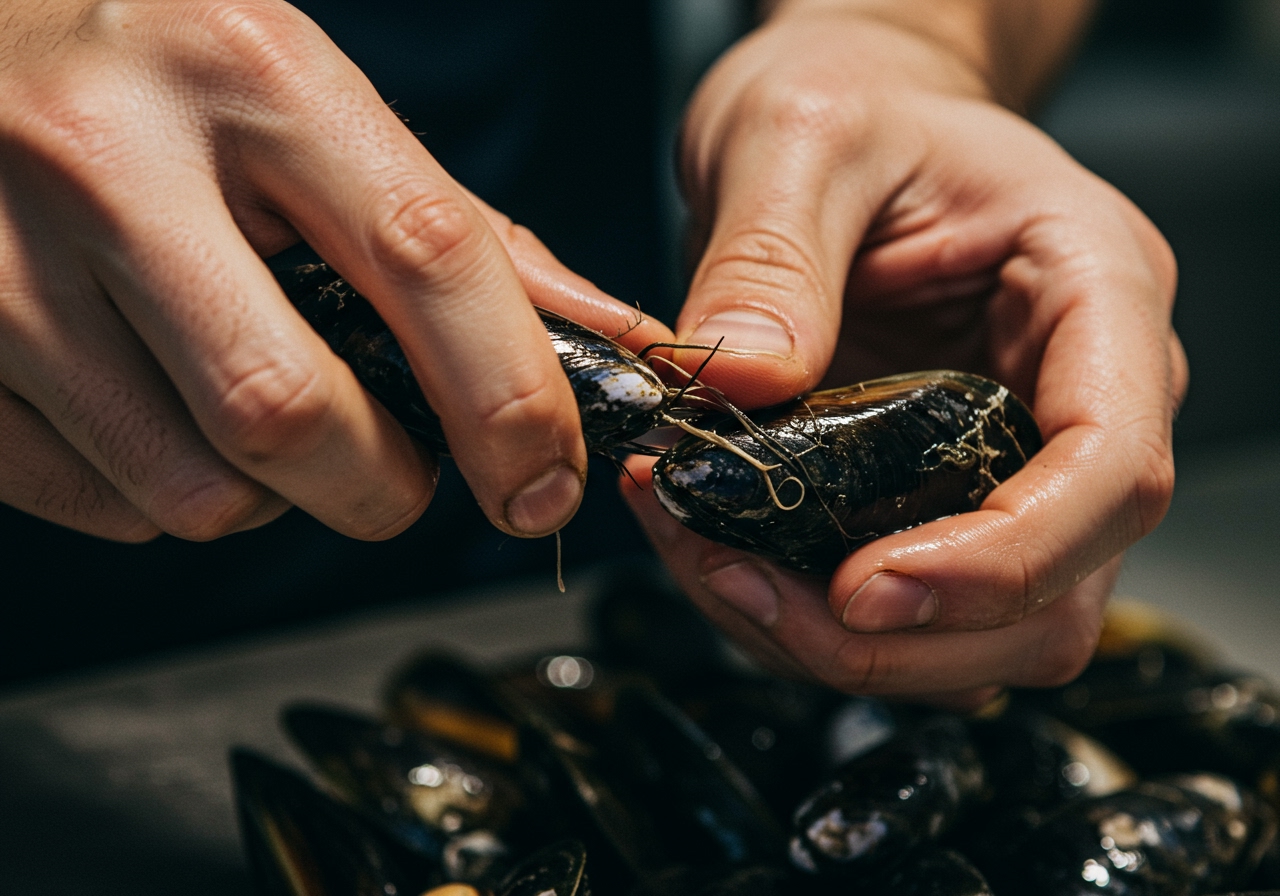 Close-up of hands cleaning mussels, removing the byssal threads.