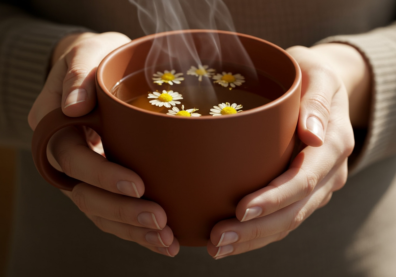 Close up of hands holding a warm ceramic mug of herbal tea.