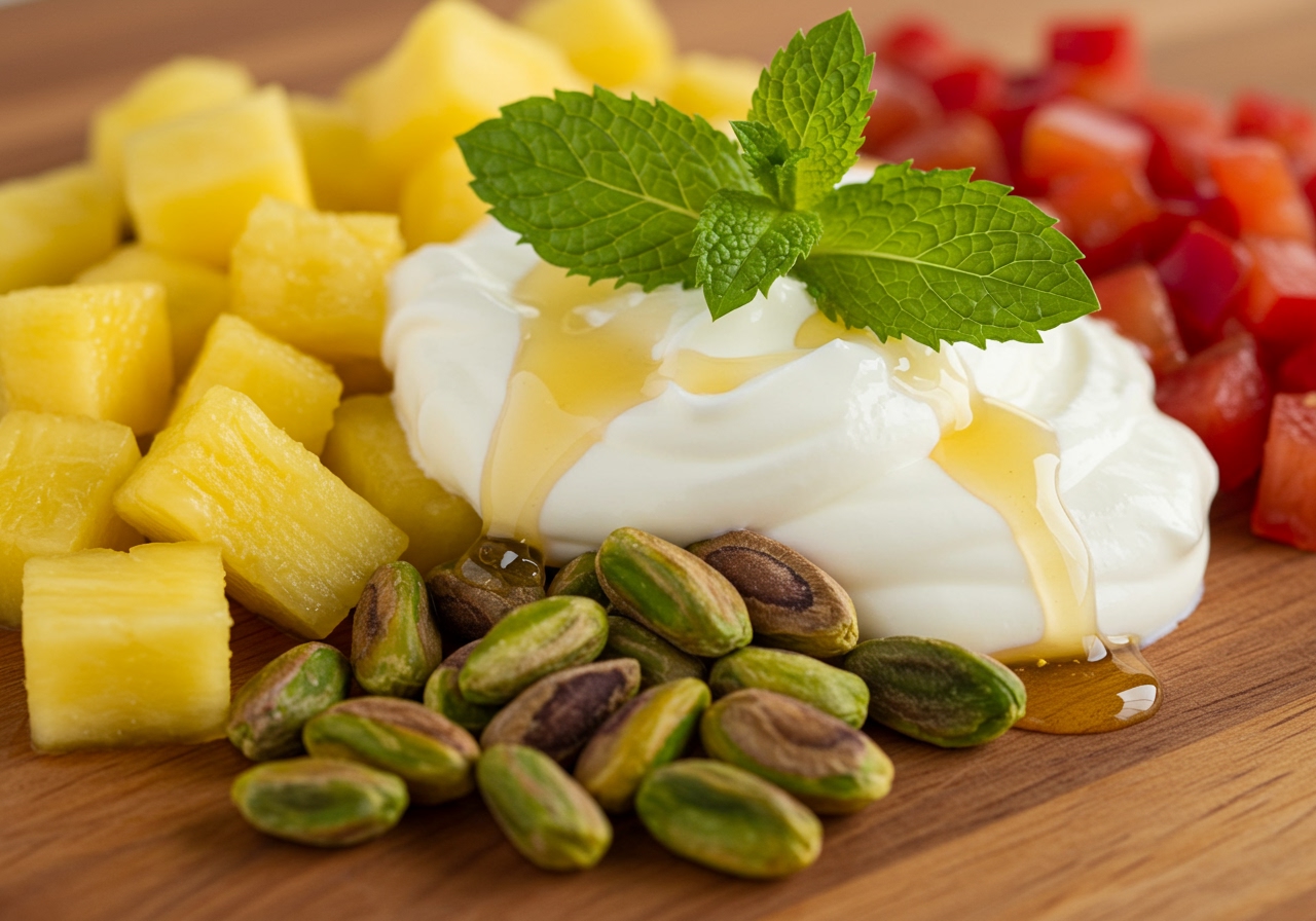 Close-up of ingredients for modern Watergate salad: fresh chopped pineapple, shelled pistachios, Greek yogurt, honey, and a sprig of mint on a wooden board.