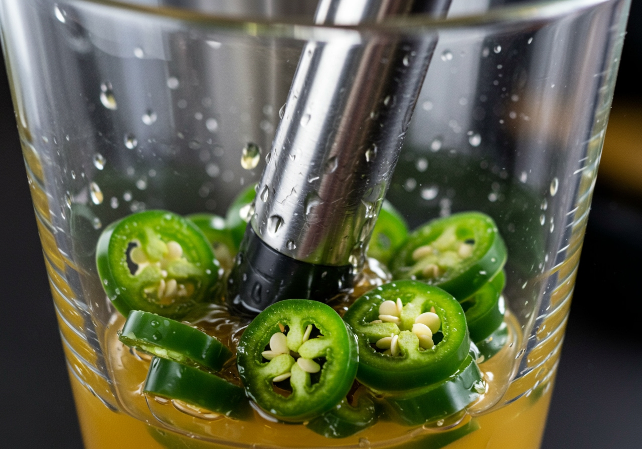 Close-up of jalapeño slices and agave nectar being muddled in a cocktail shaker.