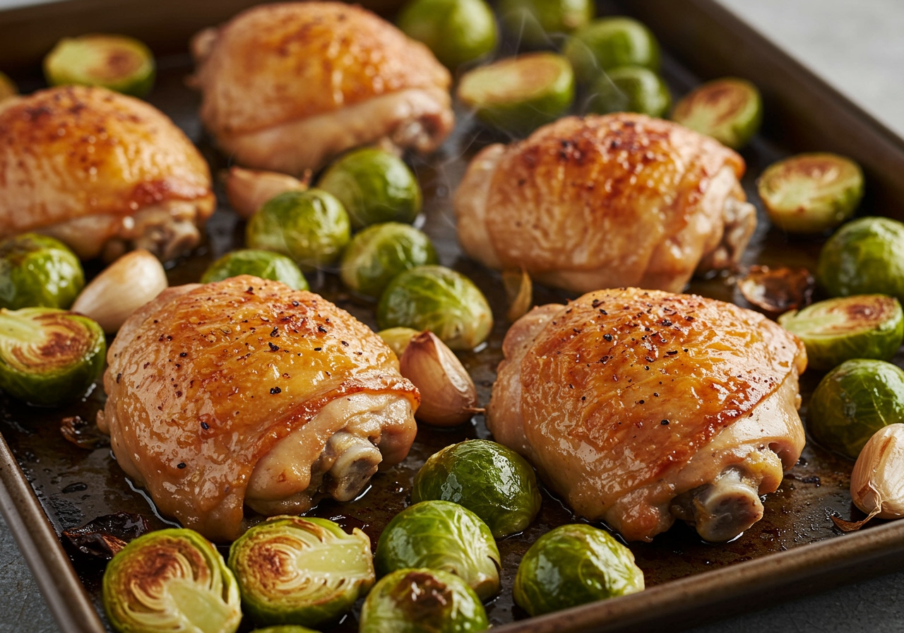 Close-up of juicy roasted chicken thighs on a sheet pan, surrounded by caramelized Brussels sprouts and roasted garlic cloves.