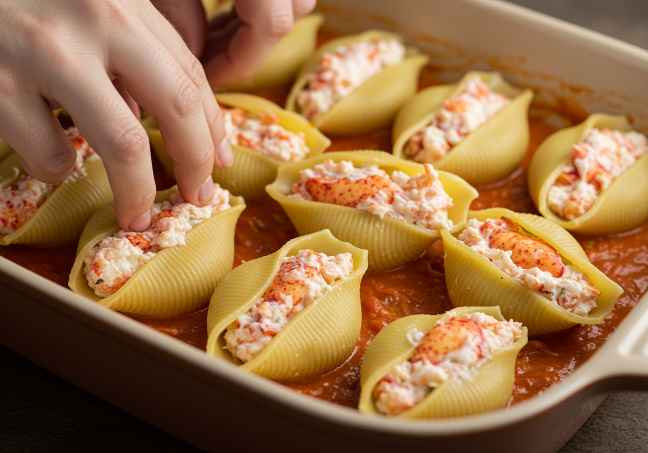 Close-up of large pasta shells being carefully stuffed with a rich lobster and cheese filling, arranged in an oven-safe baking dish already partially covered with tomato cream sauce.