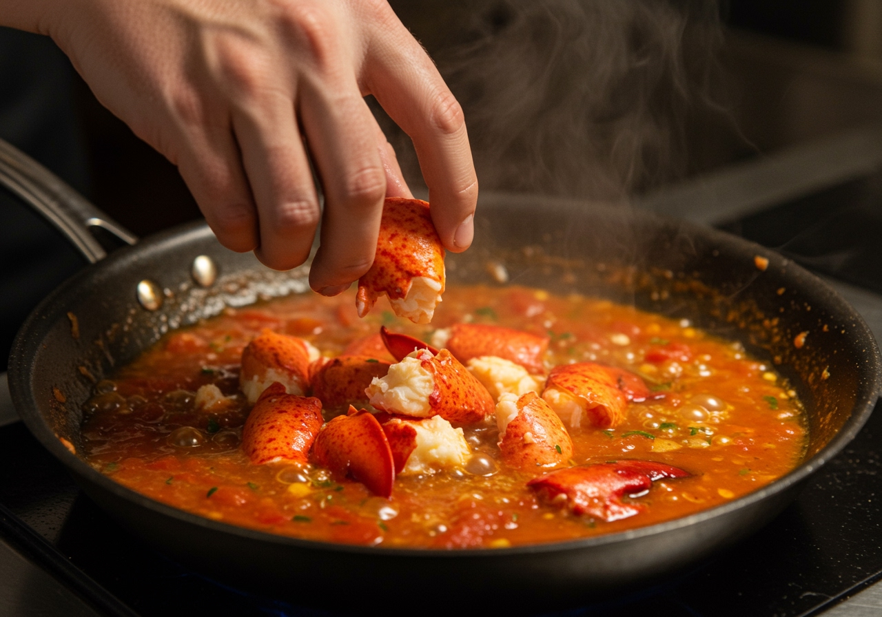 Close-up of lobster meat being added to a simmering tomato-based pasta sauce in a pan.
