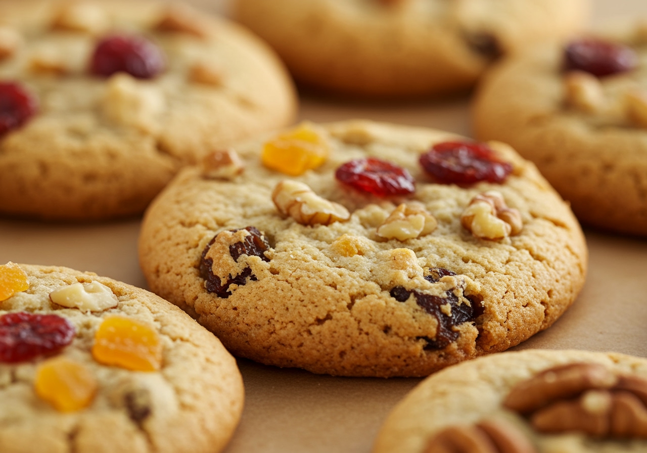 Close-up of low-temperature baked cookies with dried fruit or nuts, arranged neatly