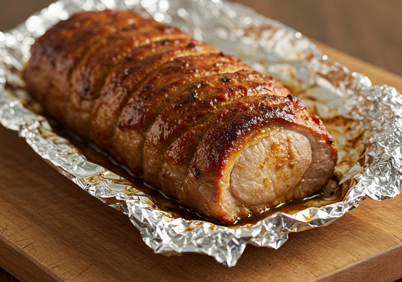 Close-up of pork tenderloin resting on a cutting board under aluminum foil.