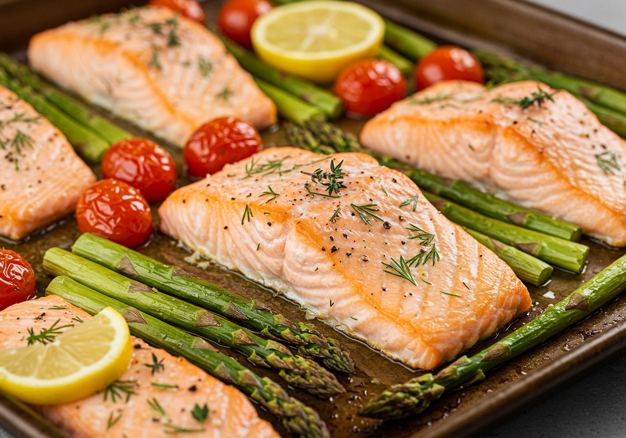 Close-up of roasted salmon fillets, asparagus spears, and cherry tomatoes on a sheet pan, drizzled with lemon and herbs, looking flaky and delicious.
