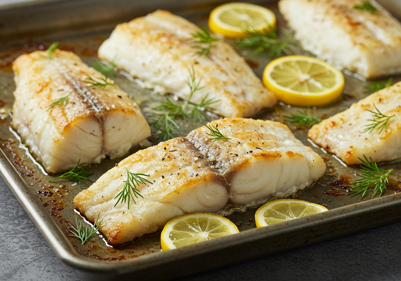 Close-up of simple baked fish fillets on a baking sheet, maybe with lemon slices or herbs.