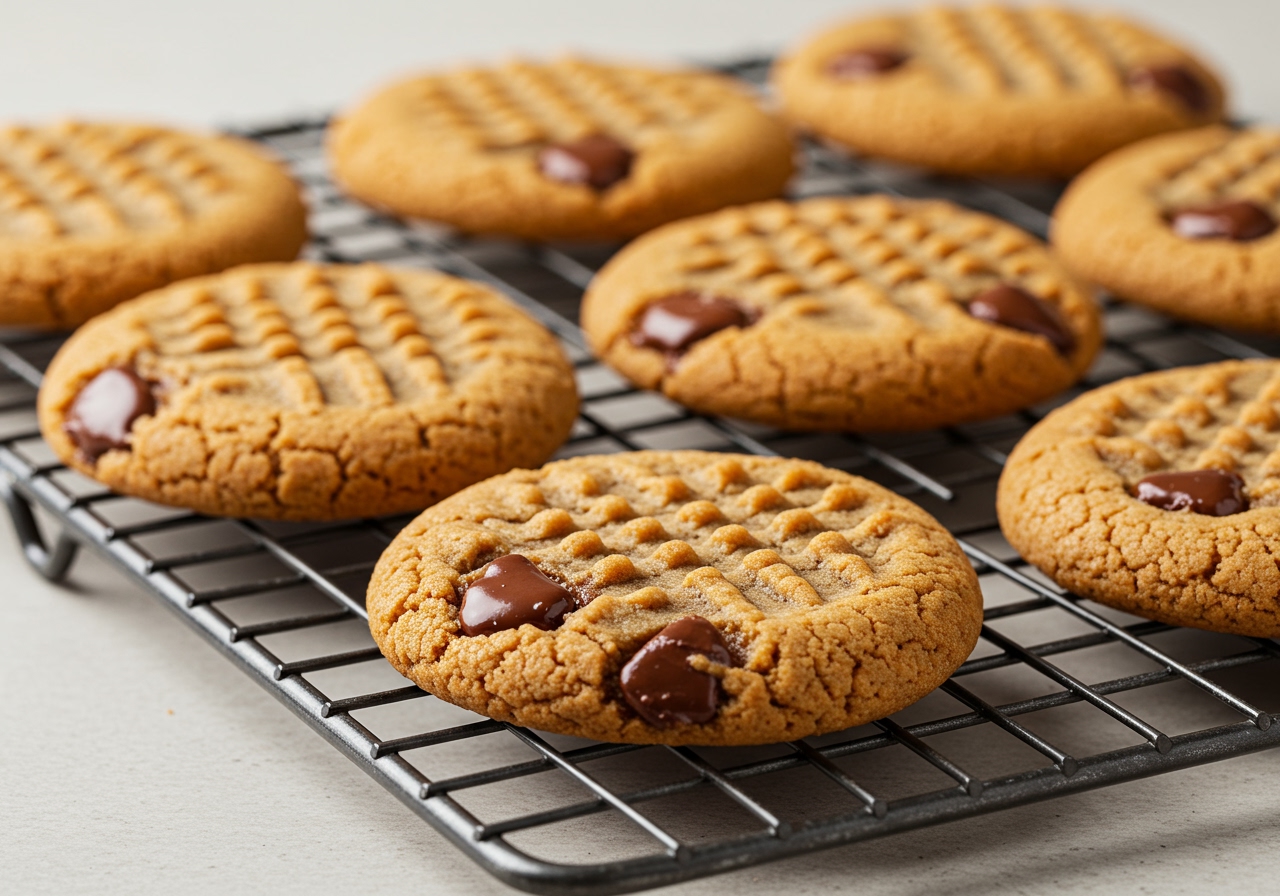 Close-up of simple peanut butter chocolate chip cookies with the classic fork crosshatch pattern on a cooling rack.