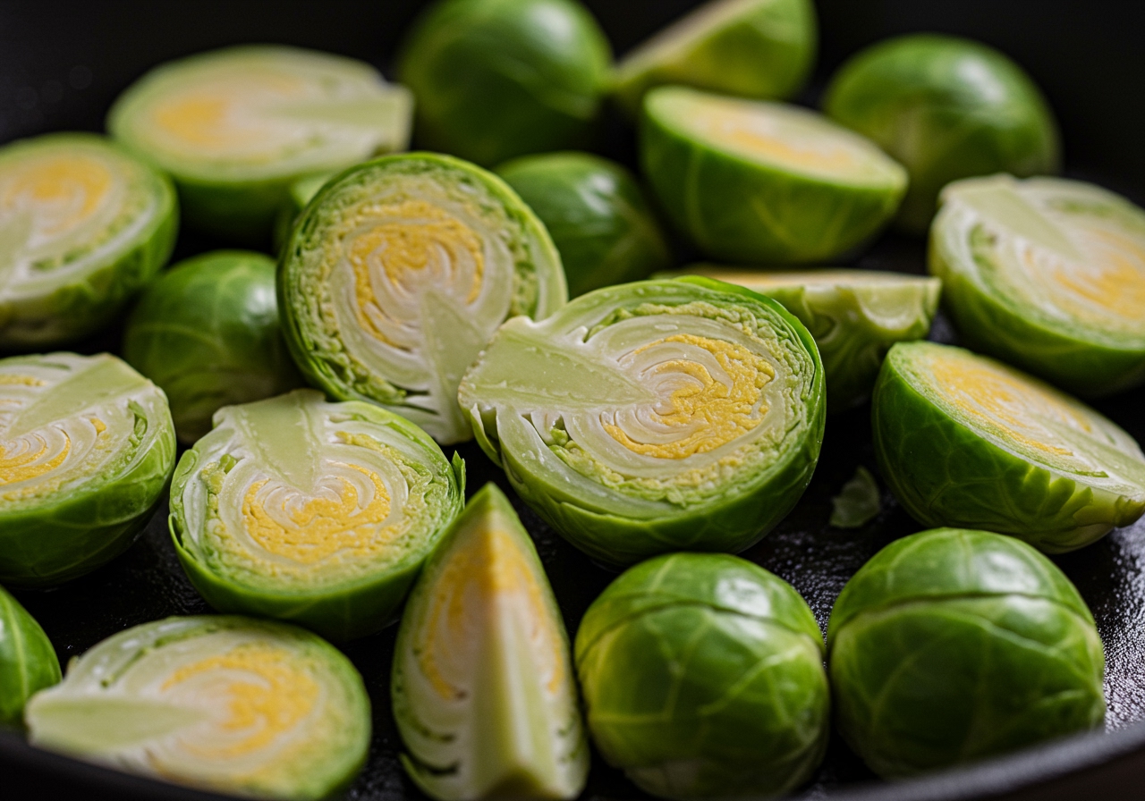 Close-up of sliced Brussels sprouts ready for pan-frying.