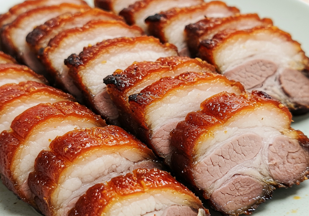 Close-up of sliced Vietnamese roasted pork (Thịt Nướng) with a slightly caramelized exterior, suitable for Banh Mi filling.