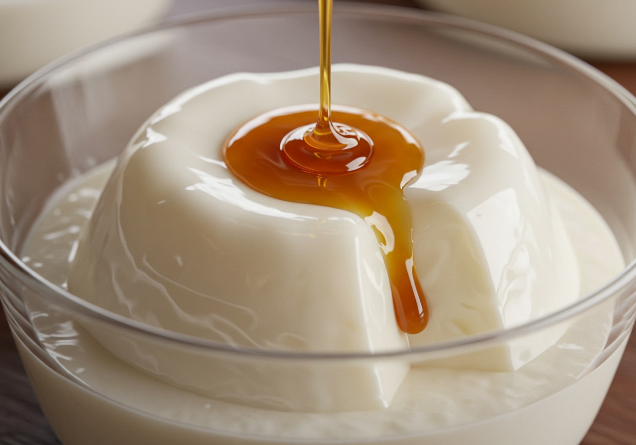 Close-up of smooth, white milk jelly in a clear glass, possibly topped with a drizzle of caramel sauce. Soft, diffused lighting.