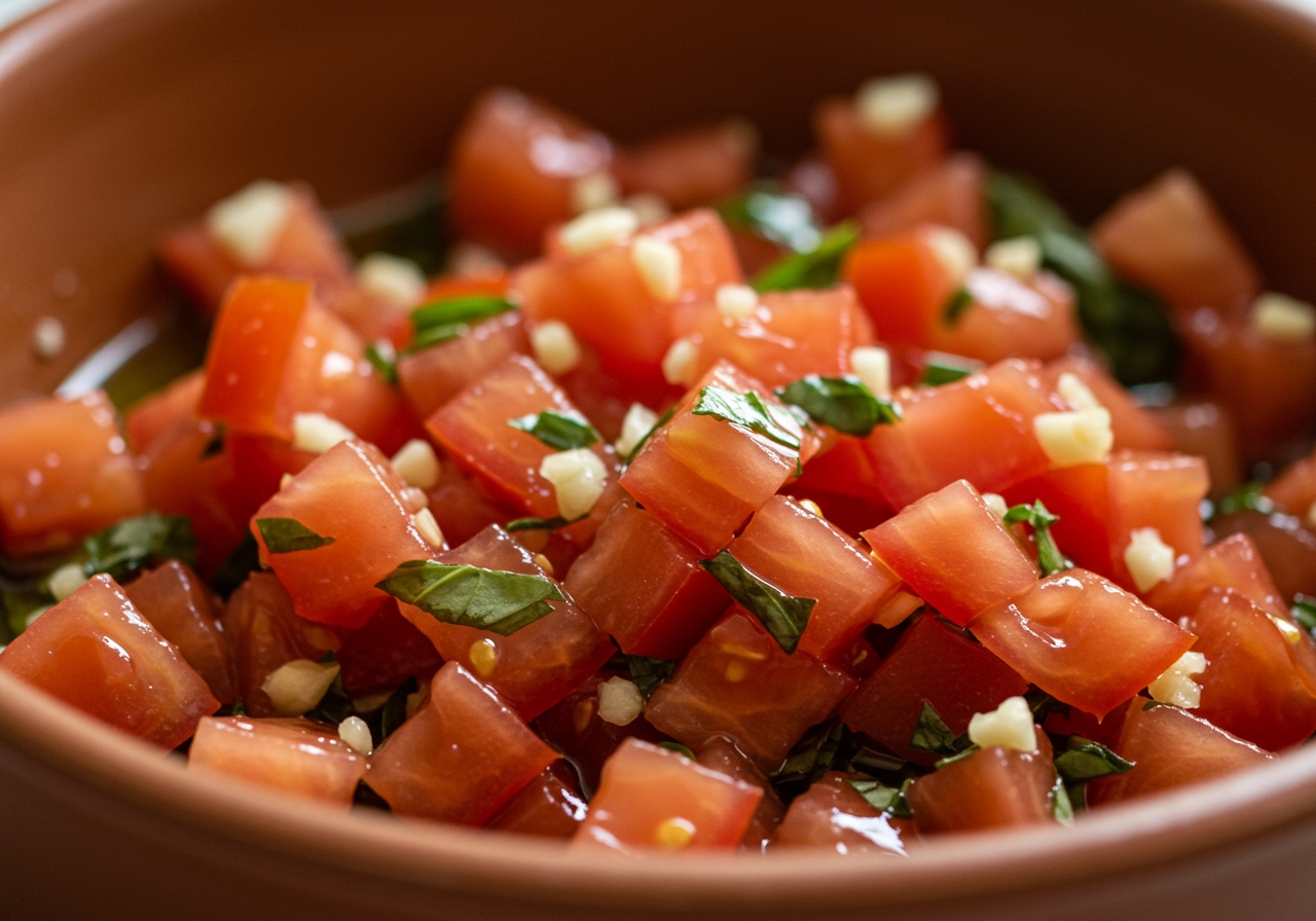 Close-up of the bruschetta topping mixture in a bowl, showing diced tomatoes, chopped fresh basil, and minced garlic glistening with olive oil.