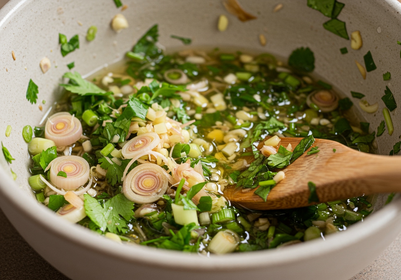 Close-up of the finely minced lemongrass and other ingredients for the dressing being mixed in a bowl.