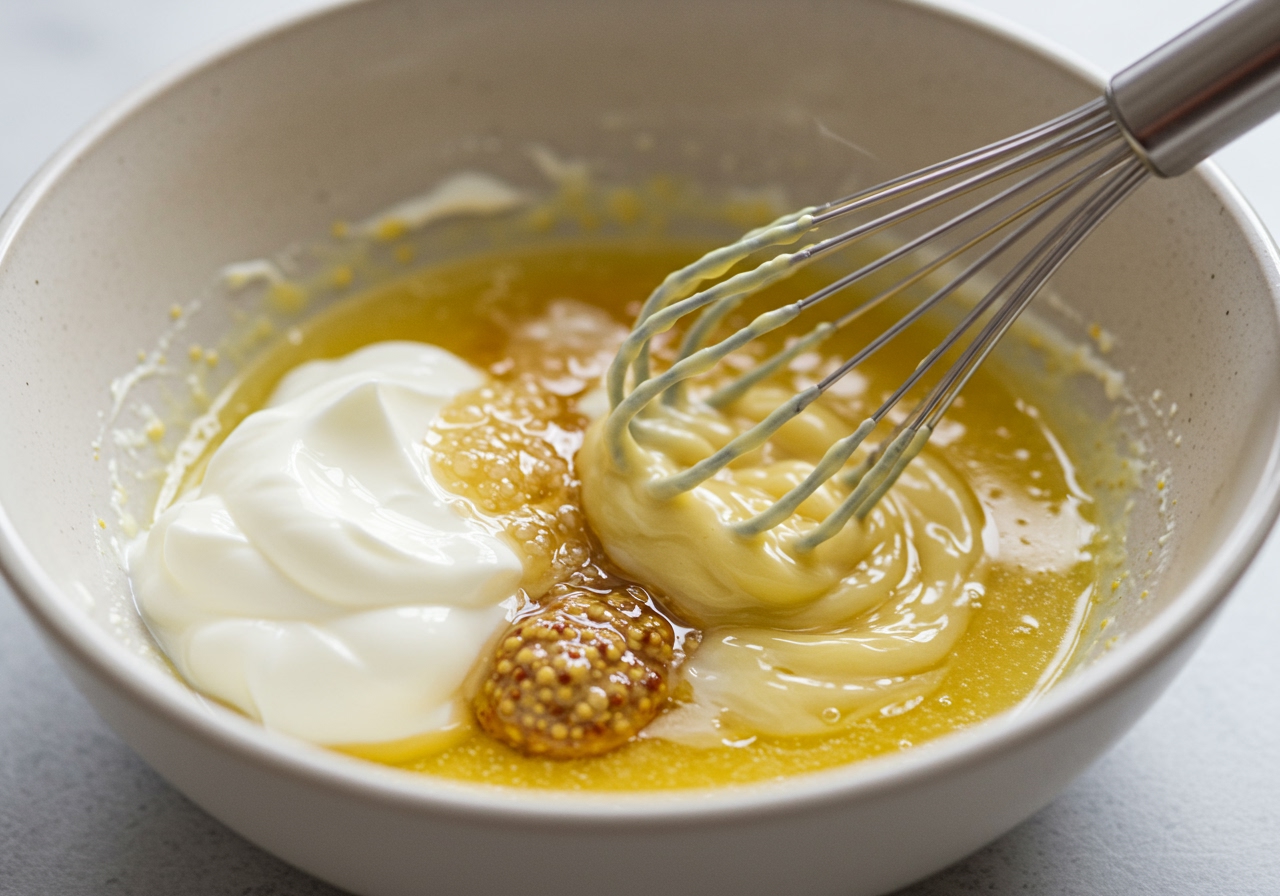 Close-up of the healthy dressing ingredients - yogurt, vinegar, honey, mustard, lemon juice - being whisked together in a bowl.