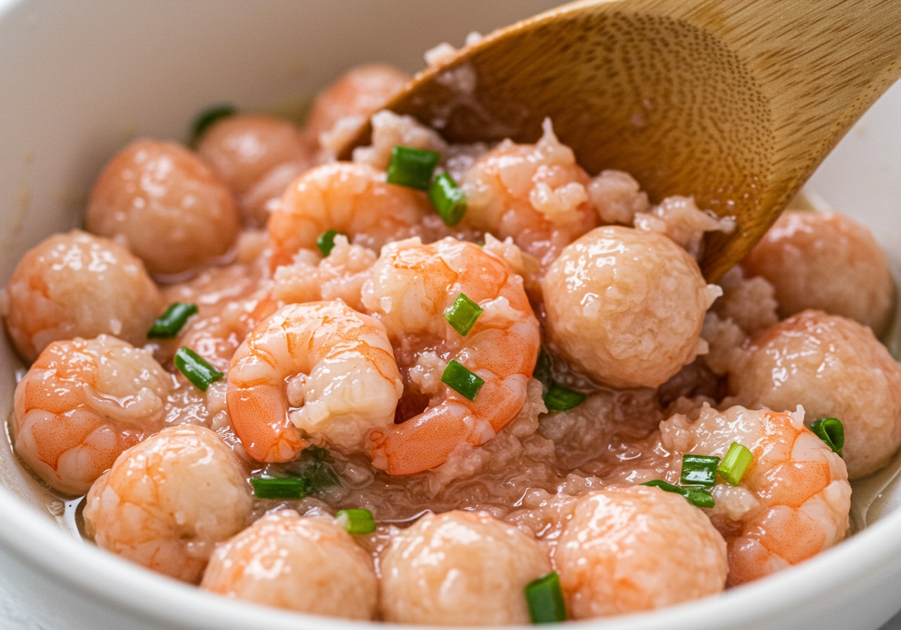 Close-up of the shrimp ball mixture in a bowl, being mixed with a spoon or hand, showing the texture with some roughly chopped pieces.