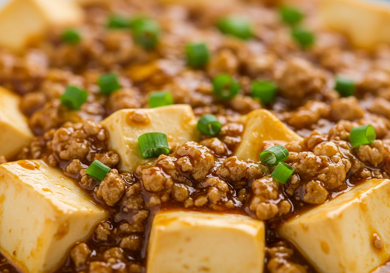 Close-up of the surface of mapo tofu showing the glossy texture and flecks of spices and green onions.
