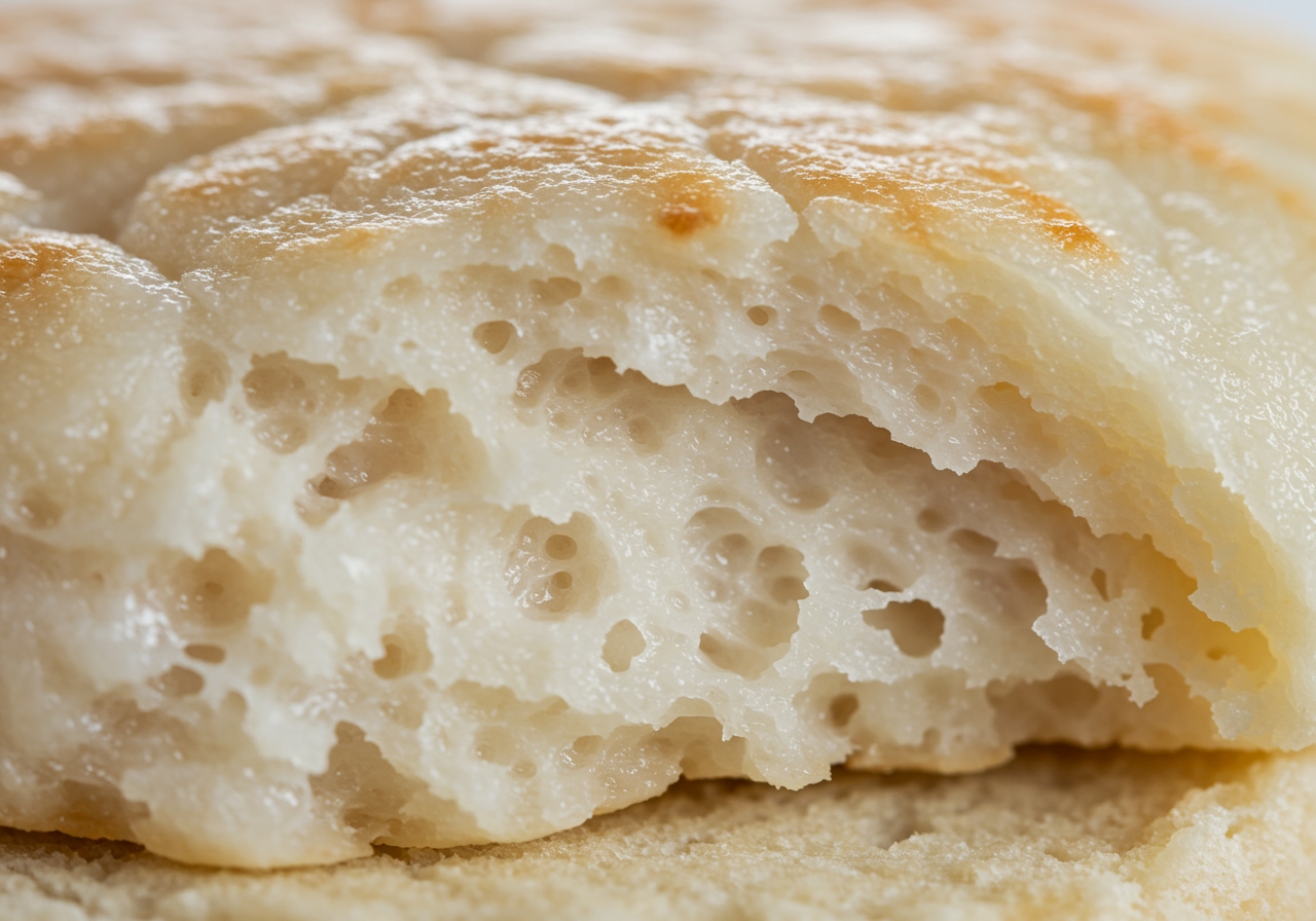 Close-up of the texture of the fluffy white fish hamburger, showing its softness.