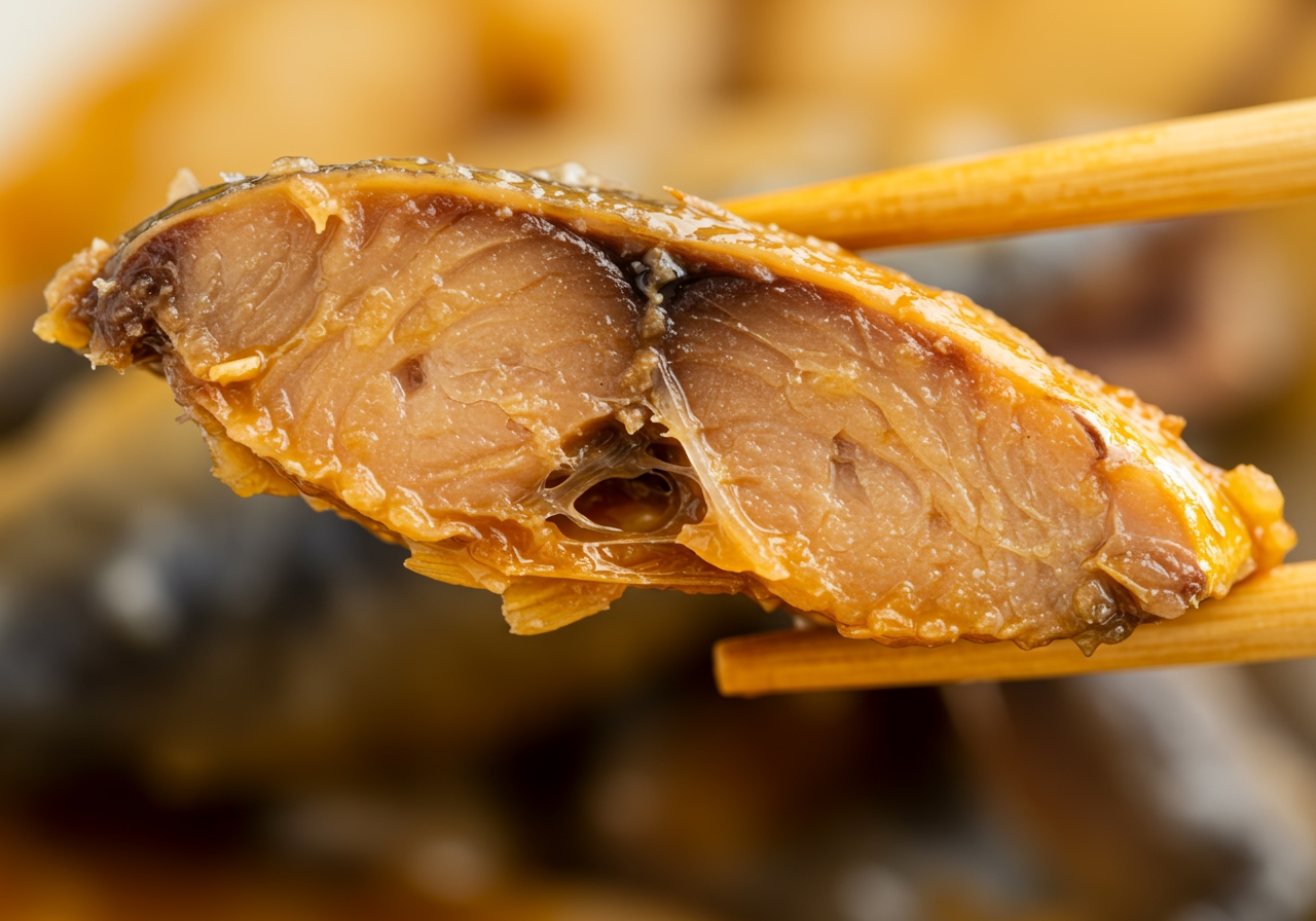Close-up of the texture of the sardine in イワシの梅煮, showing the soft flesh and the visible but soft bones.