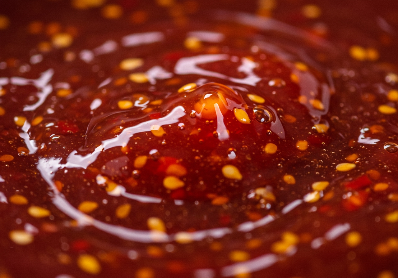 Close-up of the vibrant red, slightly oily sauce used for Saliva Chicken, showing flecks of chili and sesame seeds.