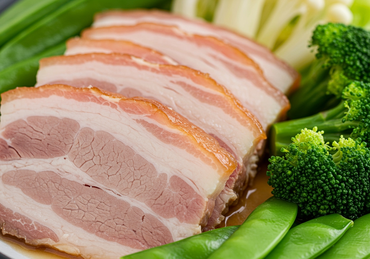Close-up of thinly sliced boiled pork and fresh green vegetables, highlighting the texture and colors.