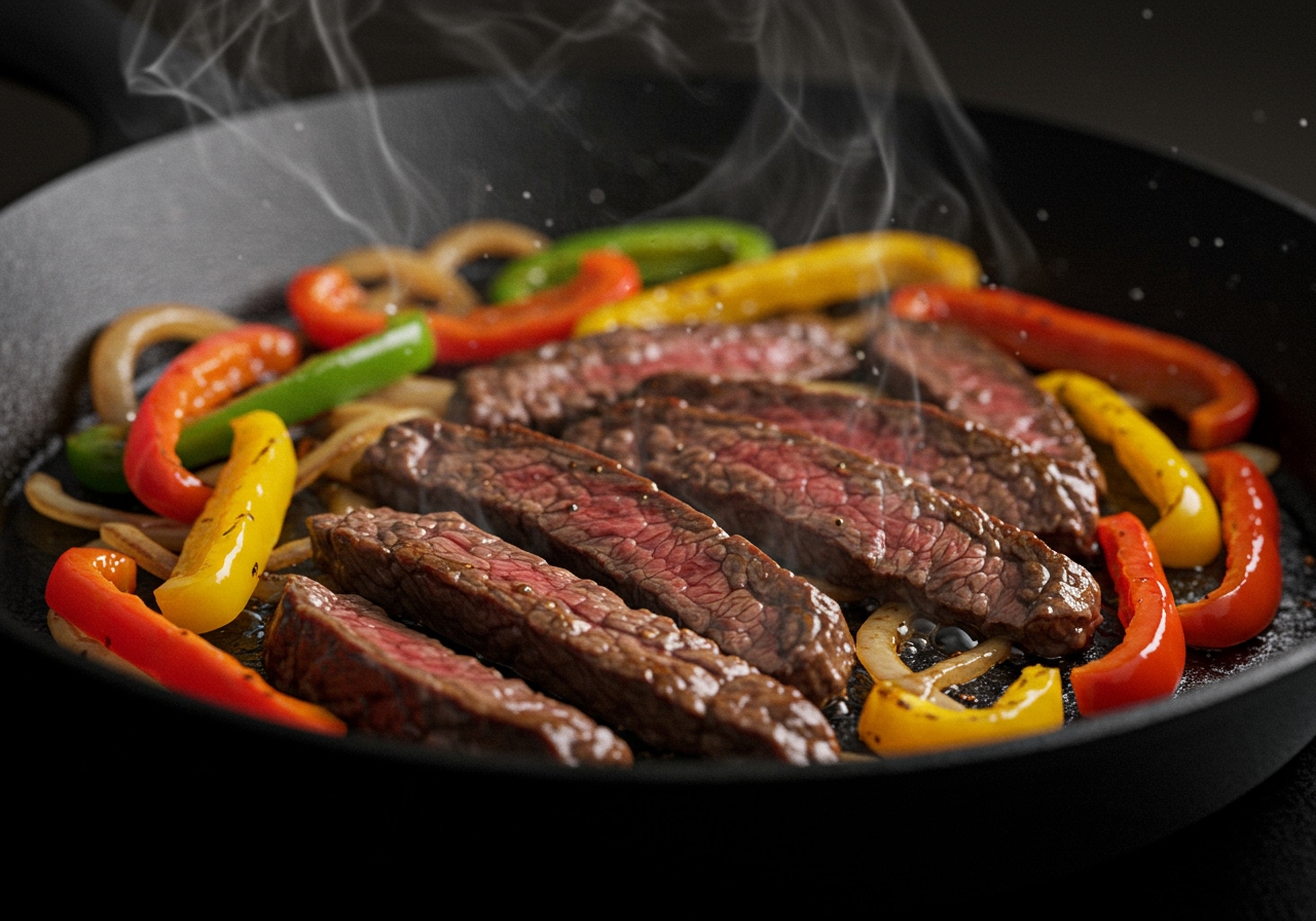 Close-up of thinly sliced lean beef sizzling in a pan with colorful bell peppers and onions, slightly caramelized.