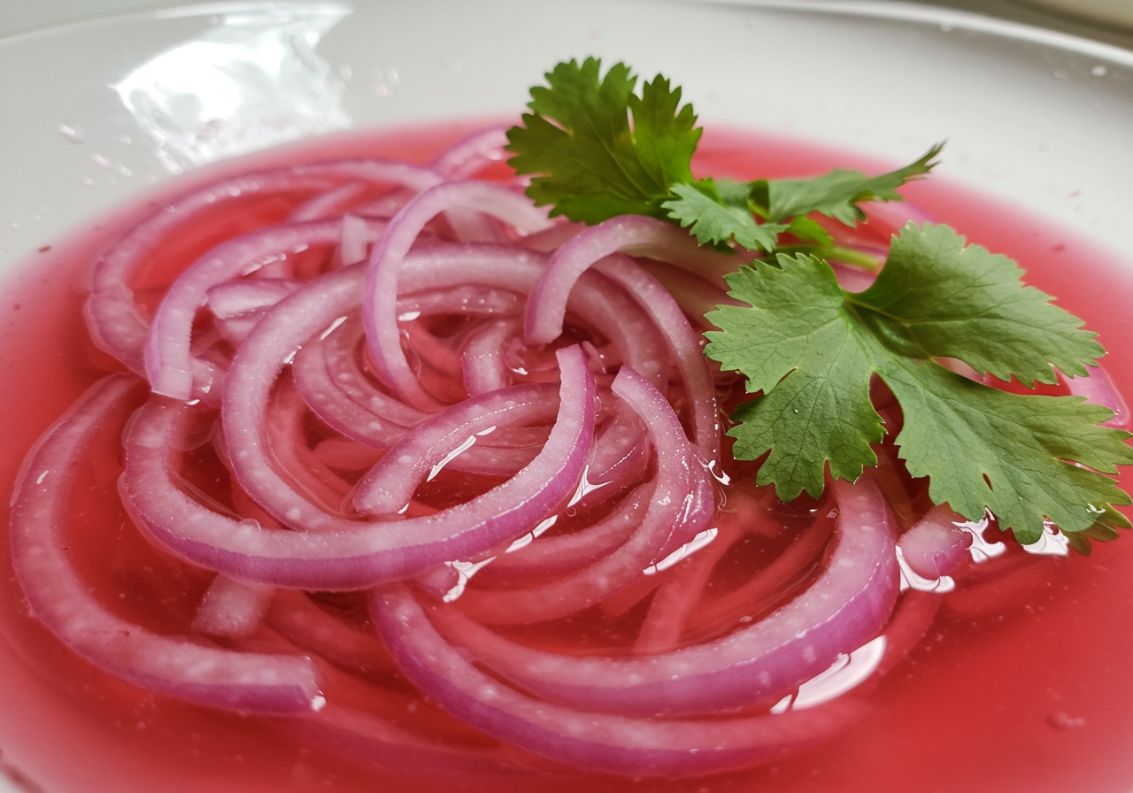 Close-up of thinly sliced red onions soaking in pickling liquid, with fresh cilantro leaves beside them, vibrant colors, clean kitchen background