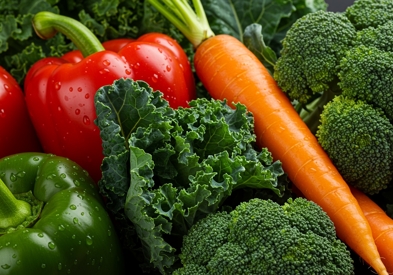 Close-up of various colorful vegetables and leafy greens