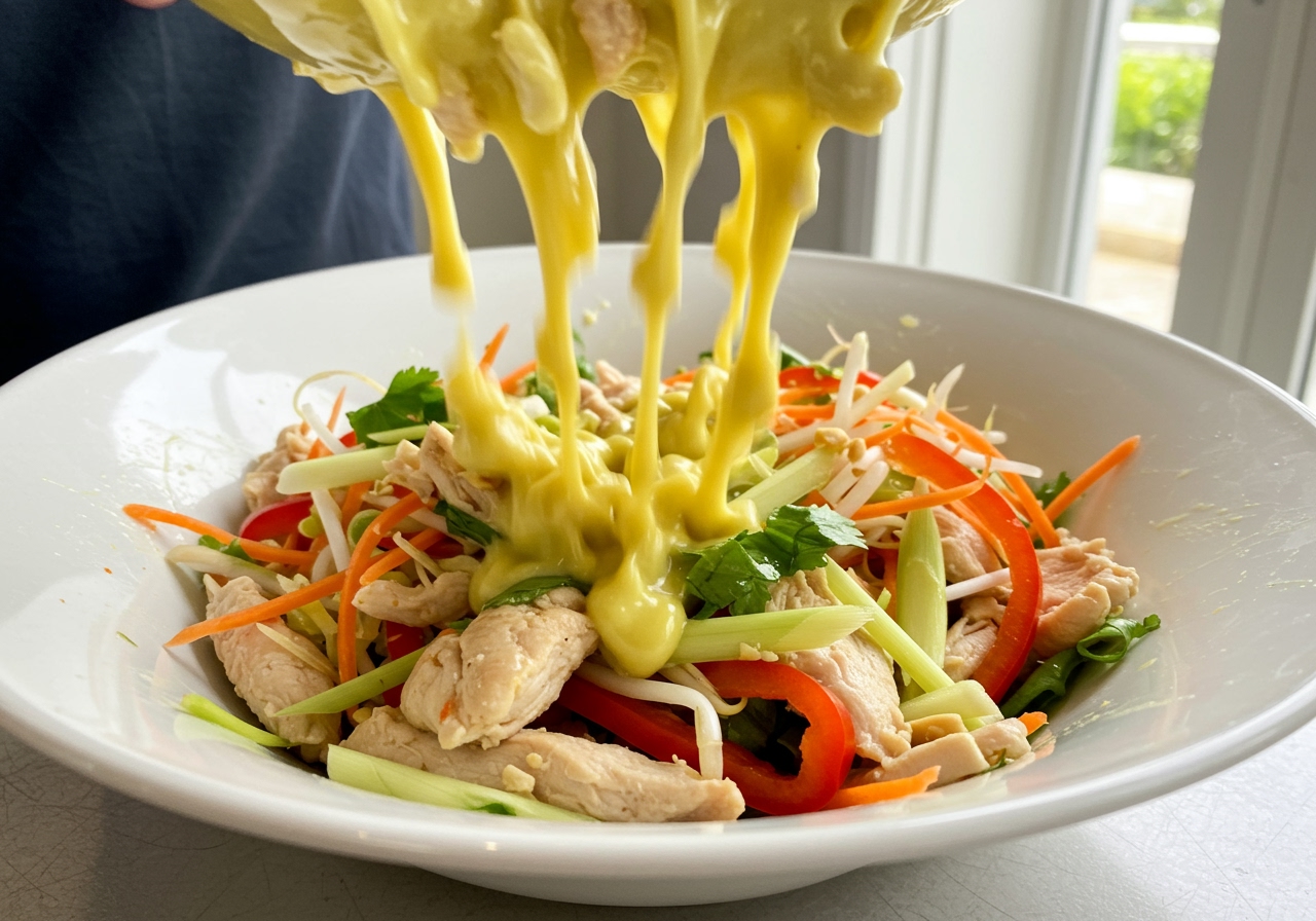 Close-up of Vietnamese lemongrass chicken salad being tossed with dressing in a large bowl, showing the textures and vibrant colors of the ingredients.