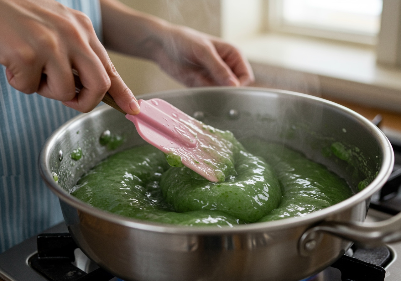 Close-up photo of someone using a spatula to stir and knead the translucent warabi mochi mixture in a pot over a low heat.