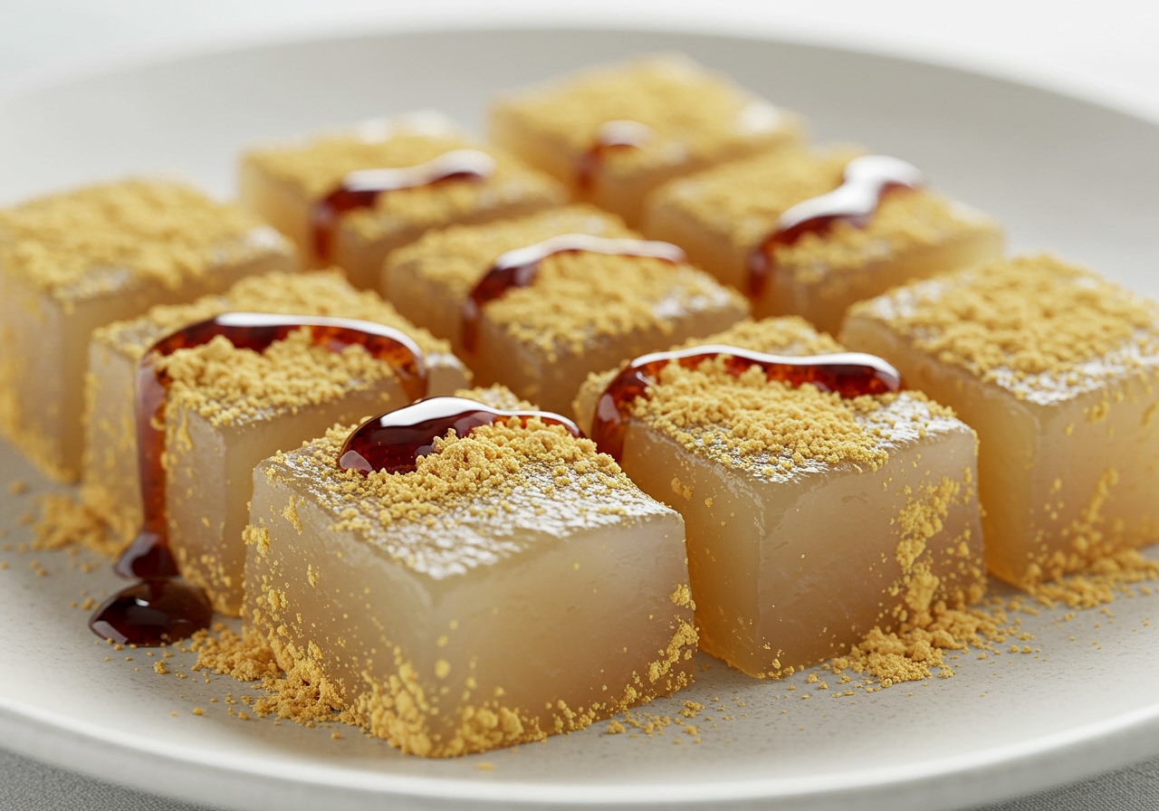 Close-up photo of translucent, jiggly warabi mochi squares on a plate, coated in kinako with kuromitsu drizzled over them.