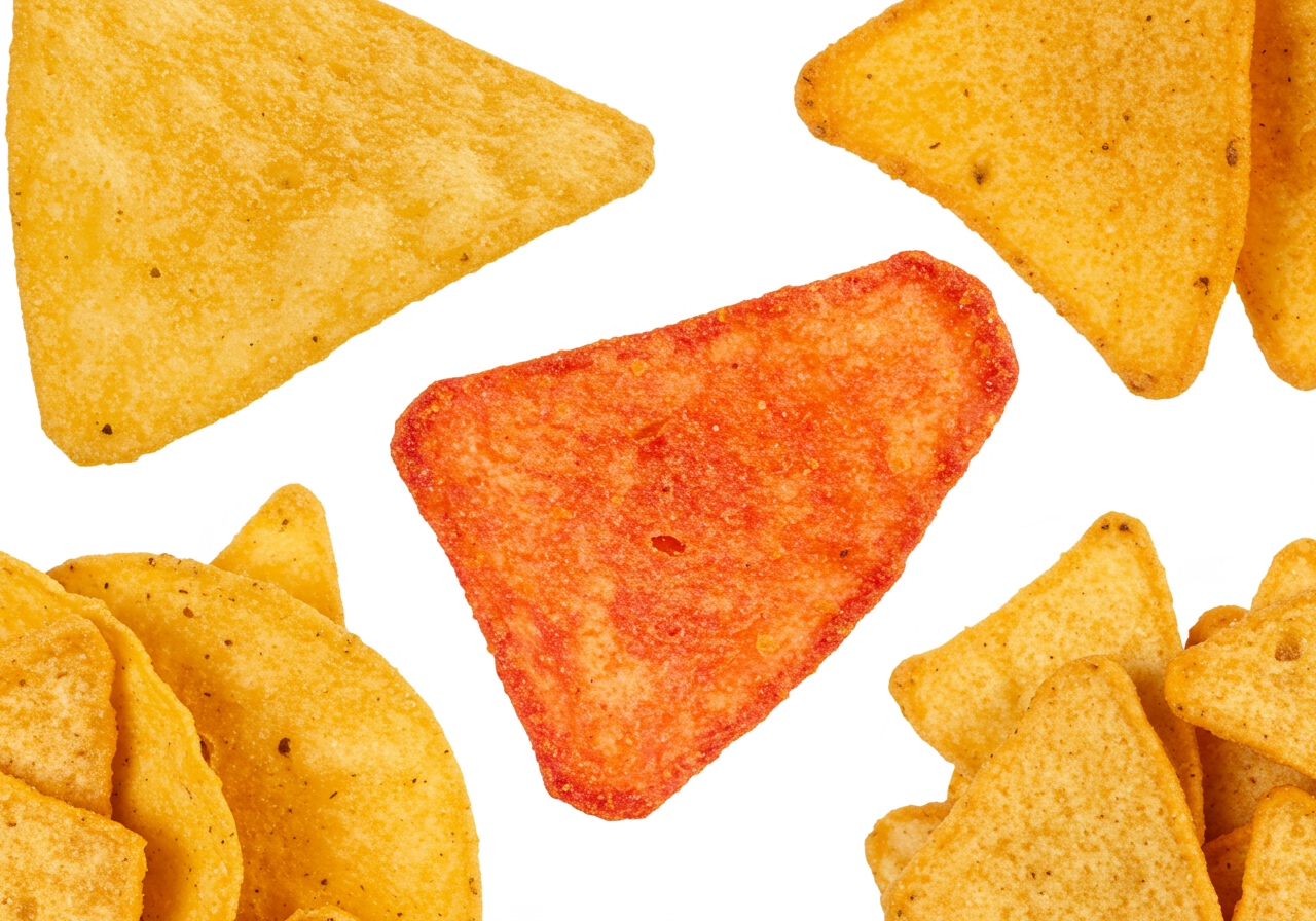 Close-up photos of several different types of corn chips showing their texture and shape