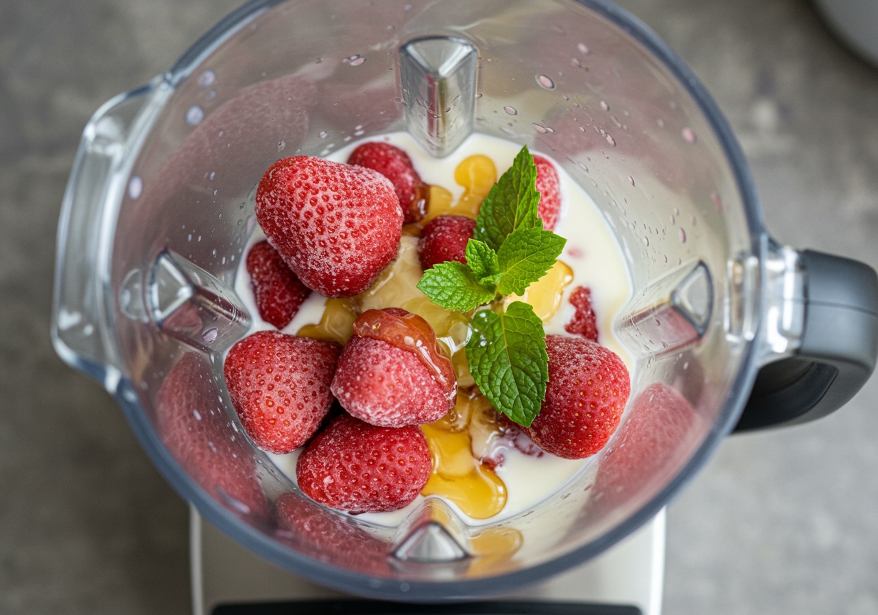 Close-up shot looking down into a blender jar filled with frozen strawberries, milk, honey, and fresh mint leaves, ready to be blended.