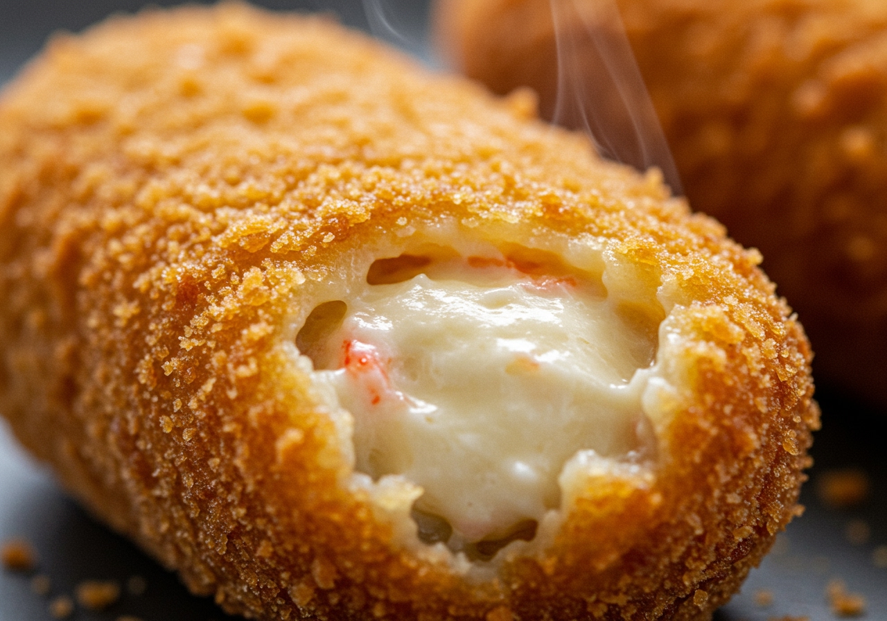 Close-up shot of a beautifully golden brown, crispy air-fried crab cream croquette