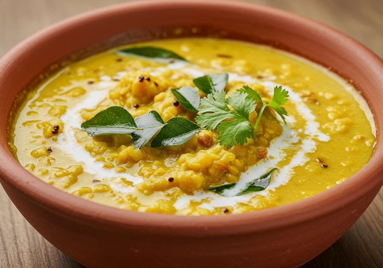 Close-up shot of a bowl of creamy Sri Lankan dhal curry with curry leaves and spices visible.