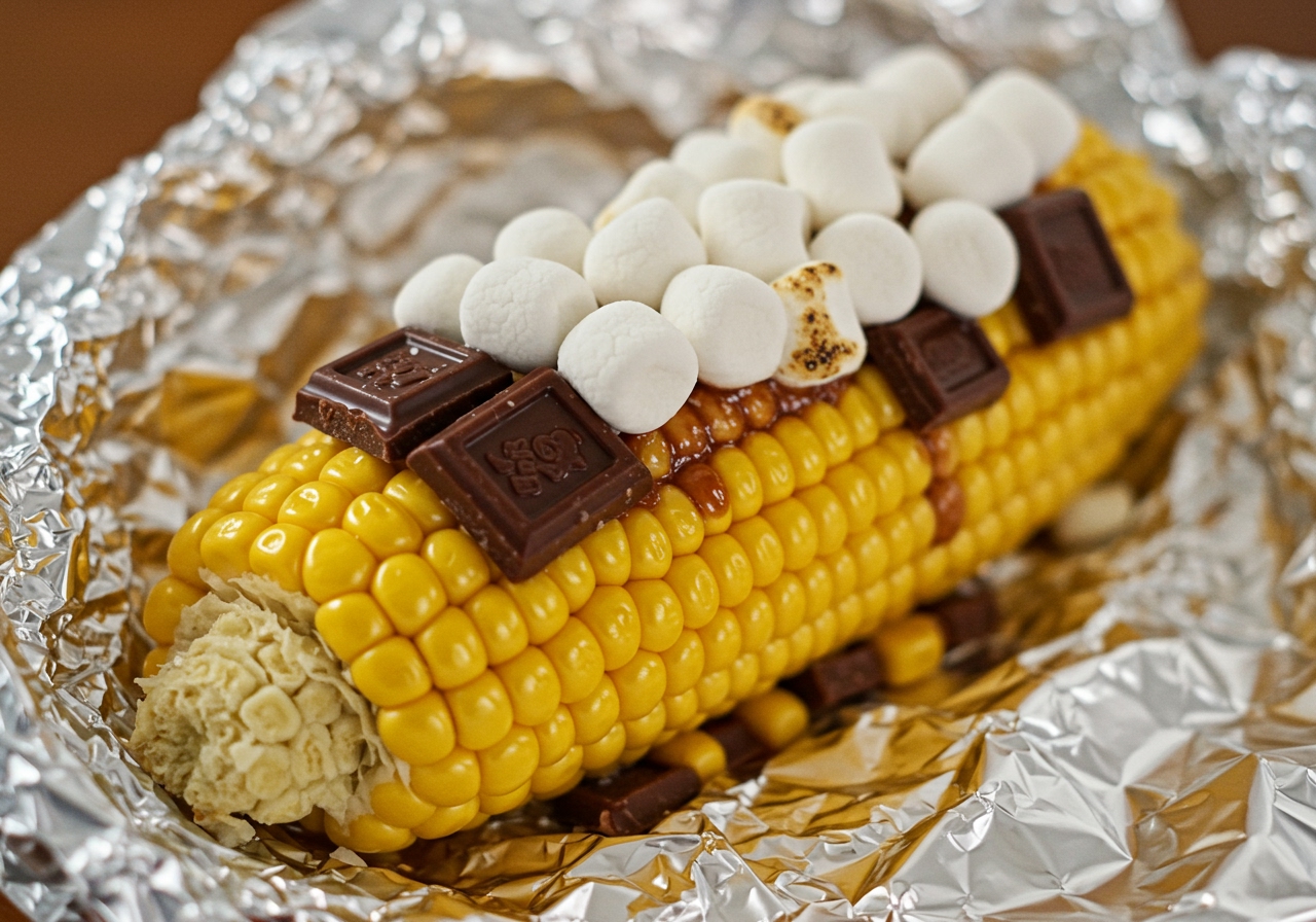 Close-up shot of a corn cob wrapped in foil, opened up, with small chocolate pieces nestled between the kernels and mini marshmallows piled on top, ready for cooking.