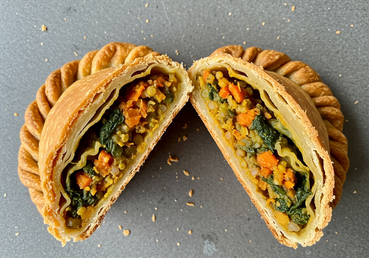 Close-up shot of a cross-section of a baked healthy knish, showing the texture of the dough and the hearty vegetable filling.