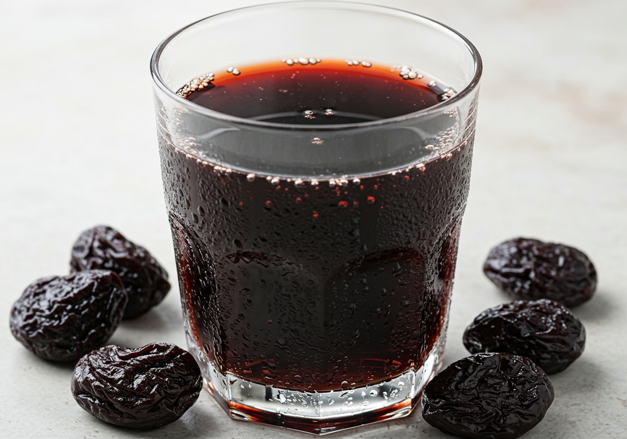 Close-up shot of a glass of prune juice with prunes scattered around