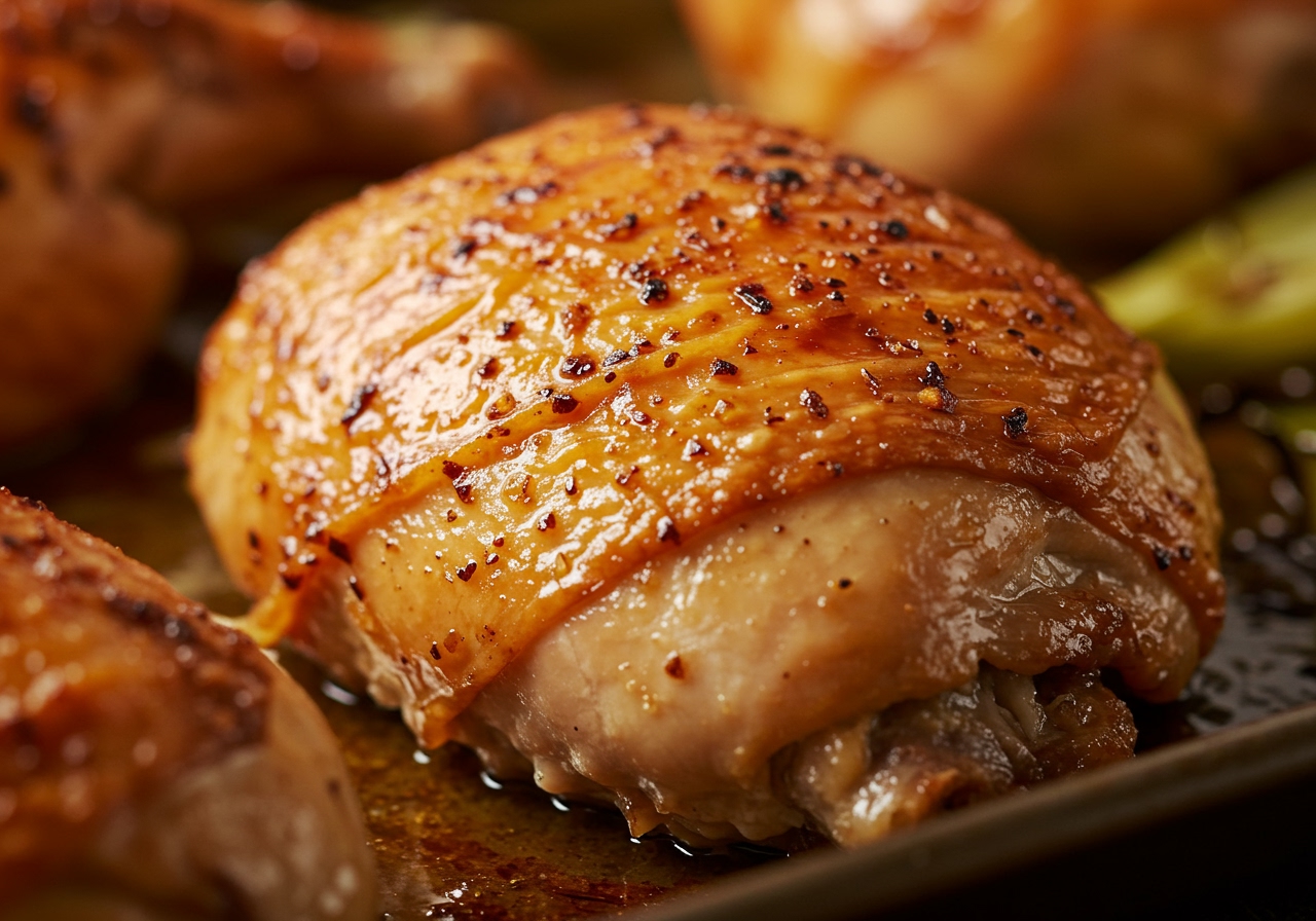 Close-up shot of a piece of perfectly roasted chicken from a sheet pan dinner, showing crispy skin and juicy texture.