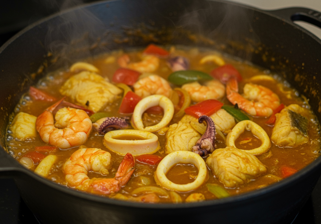 Close-up shot of a pot of mild seafood curry simmering, showing visible pieces of shrimp, squid, fish, and colorful vegetables.