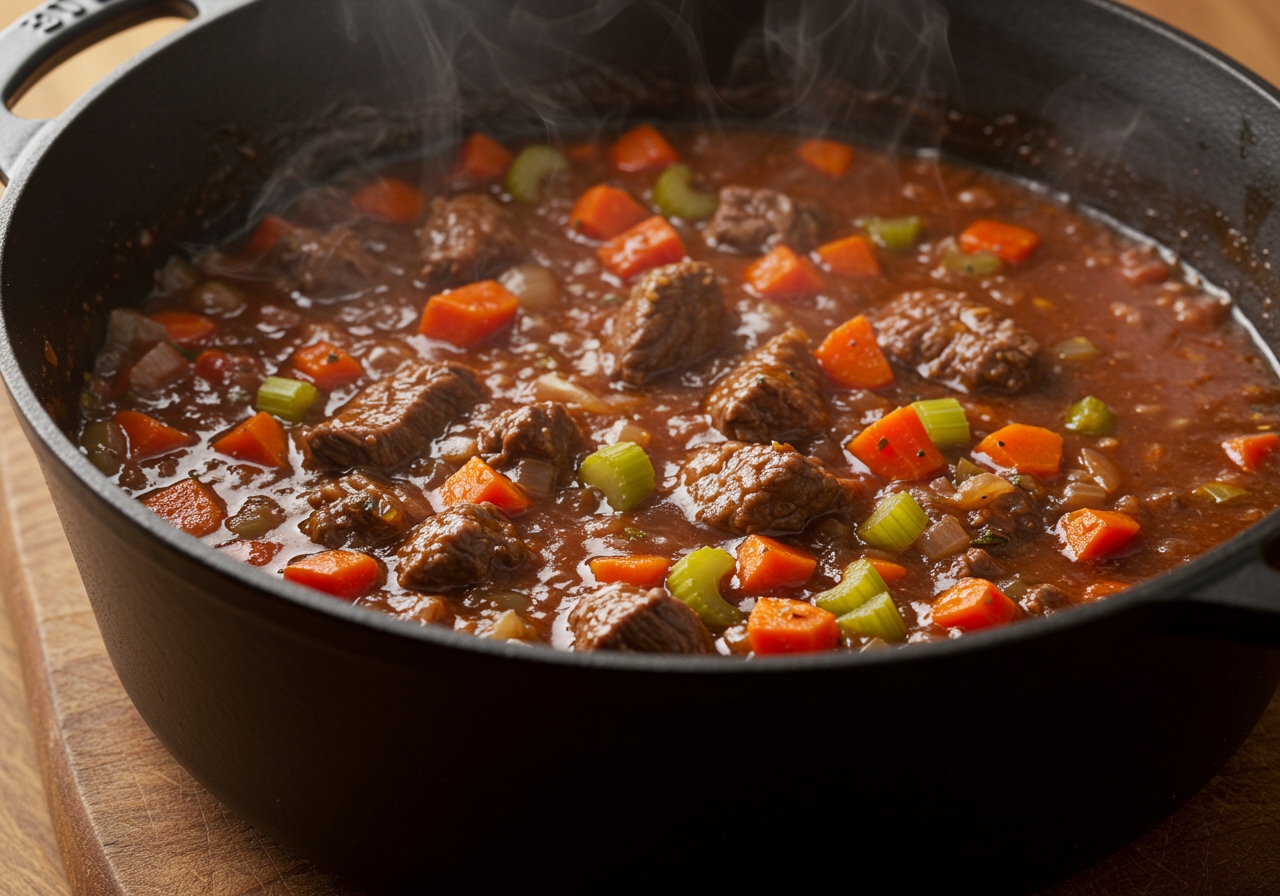 Close-up shot of a rich, simmering beef and vegetable ragu sauce in a pot.