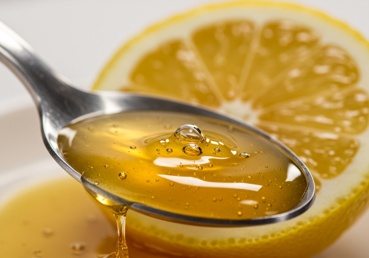 Close-up shot of a slice of lemon and a spoonful of honey.